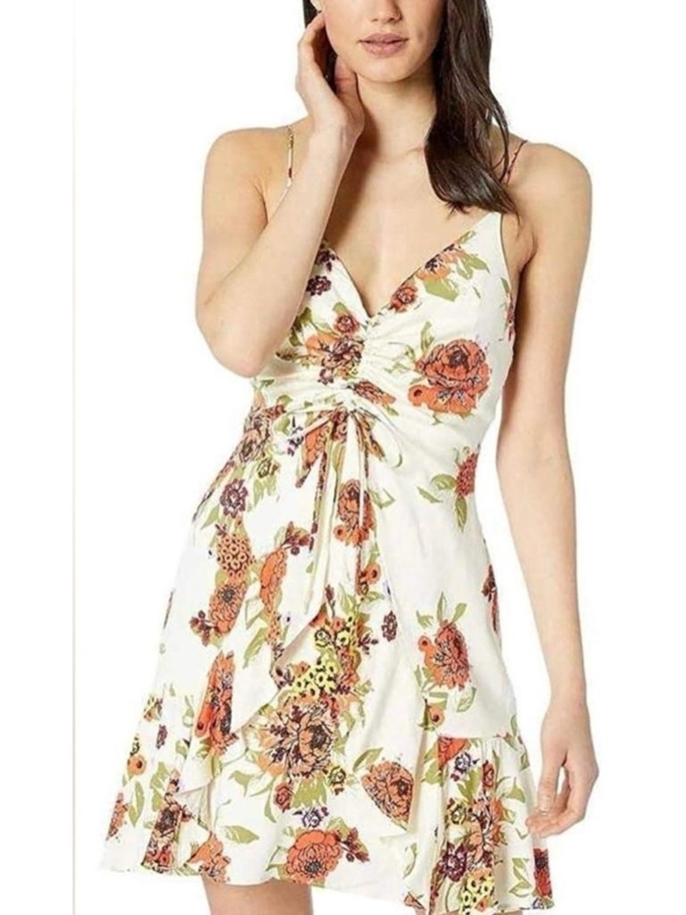 Free People Floral Mini Dress Boho Tie Front Cream Orange Sundress Medium 25271